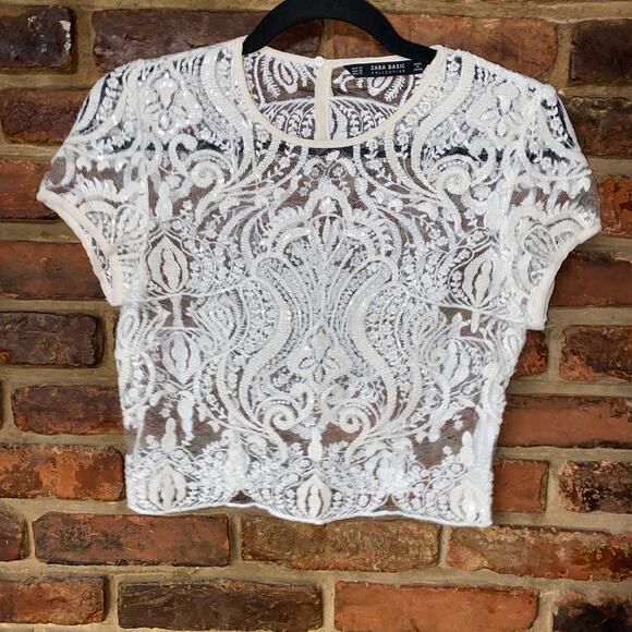 Zara Tops - Zara White Sequined Semi-Sheer Mesh Lace Short Sleeve Crop Top Women's Size XS